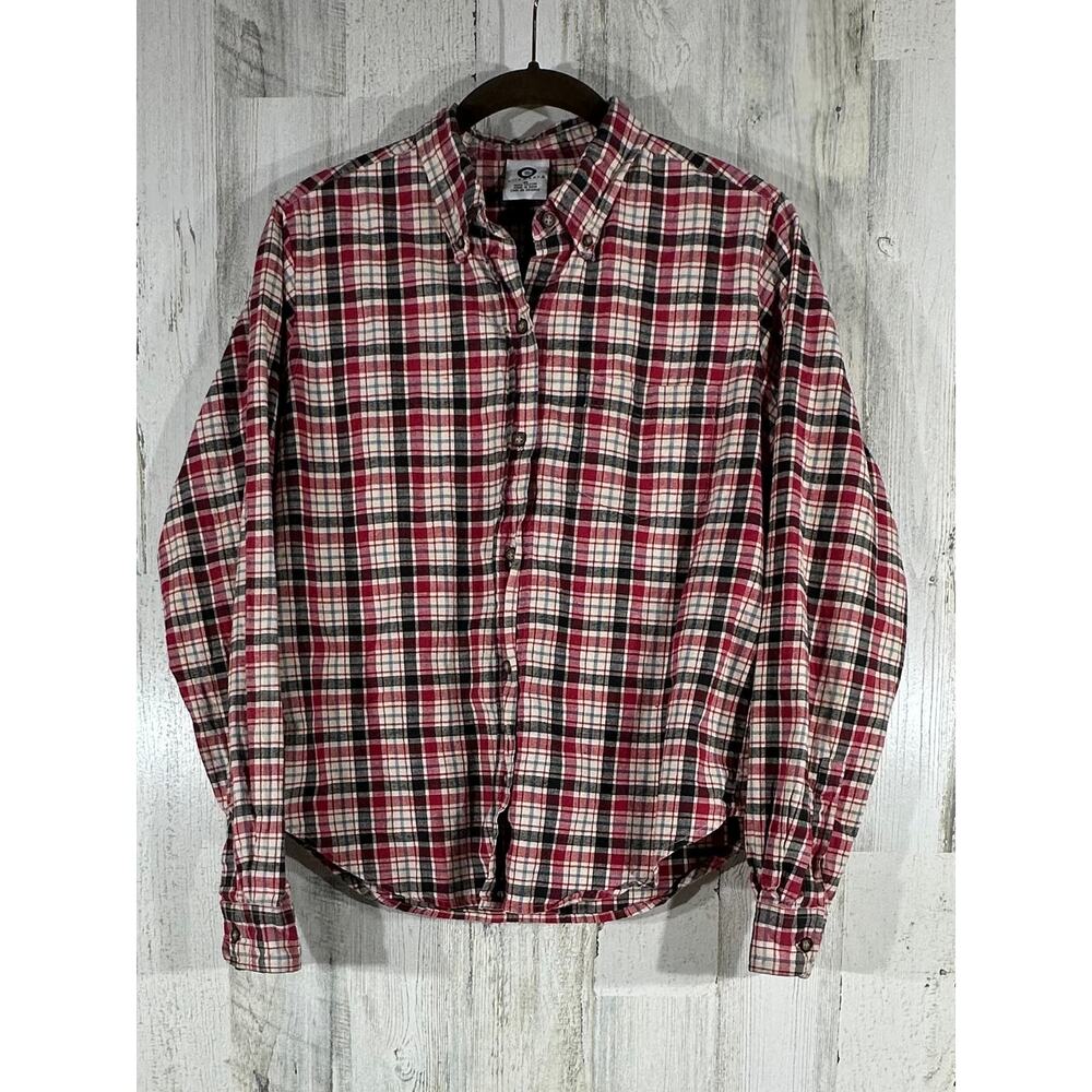 Ellemenno‎ Womens Flannel Shirt Size Medium Red Green Plaid Button Up Holiday